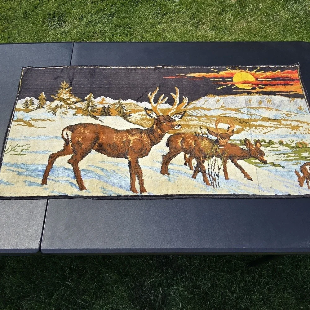 Tapestry Deer Stag woodland Vtg 60s velvet Wall Hanging Belgium Cottagecore